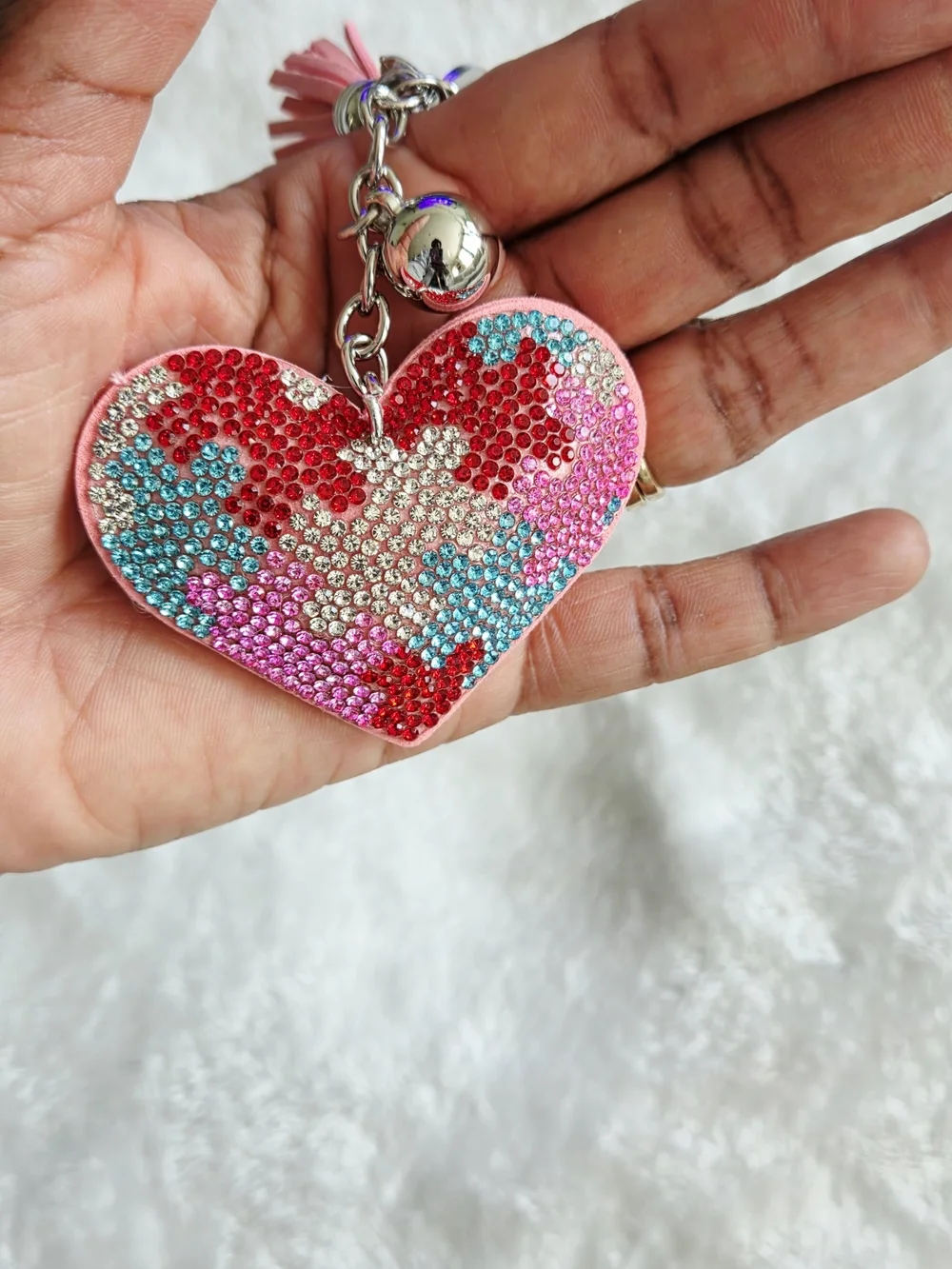 Sparkling Heart Tassel Keychain - Pink Multicolor Puzzle Pieces Bag Charm